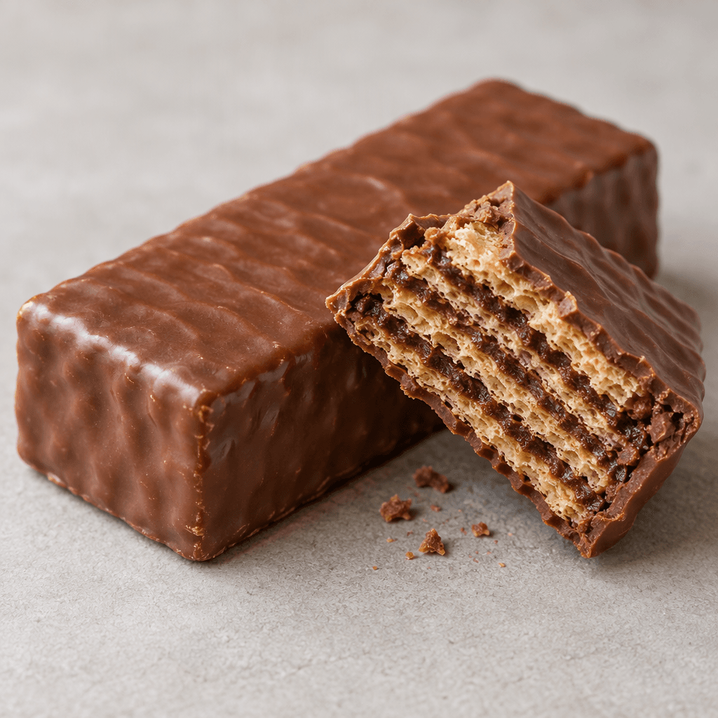 A rectangular wafer bar with a smooth milk-chocolate coating, shown whole beside a broken piece that reveals thin golden wafer layers separated by dark chocolate filling.