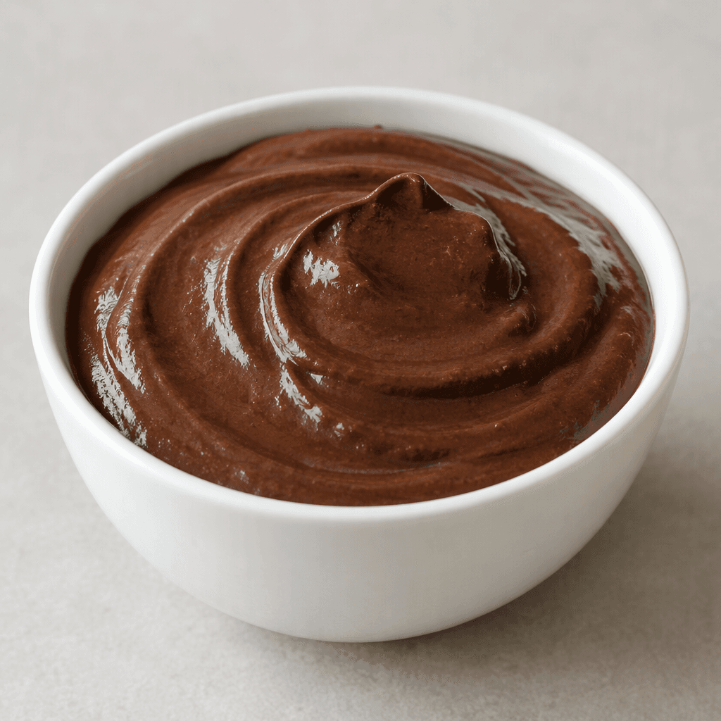 A small serving of deep brown chocolate pudding sits in a dish, with a smooth, thick surface and a soft sheen.