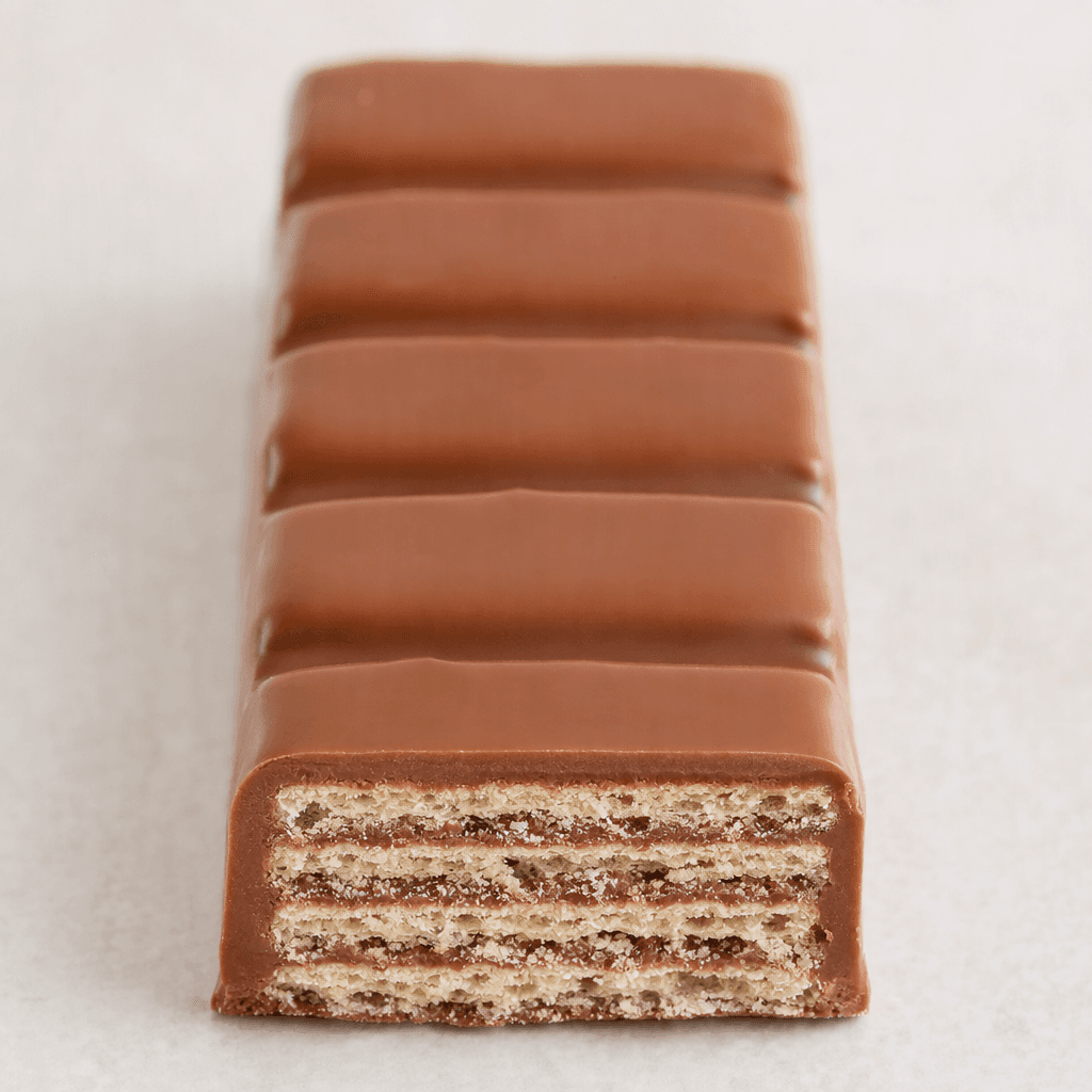 A long, rectangular milk-chocolate bar with a smooth, lightly glossy brown coating, molded into raised sections and showing pale, crisp wafer layers at a broken end.