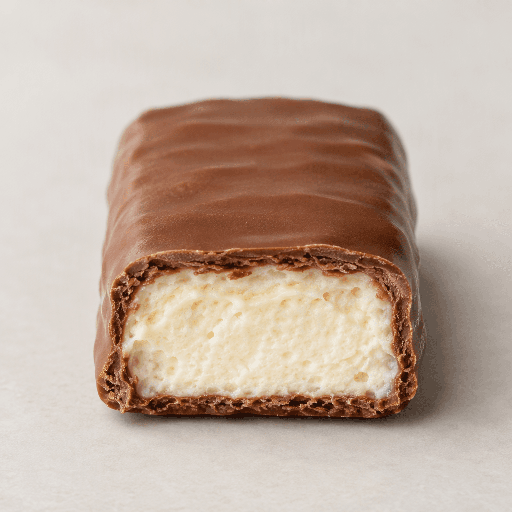 A short rectangular bar with a smooth milk-chocolate-brown coating and a pale cream filling visible at its cut end.