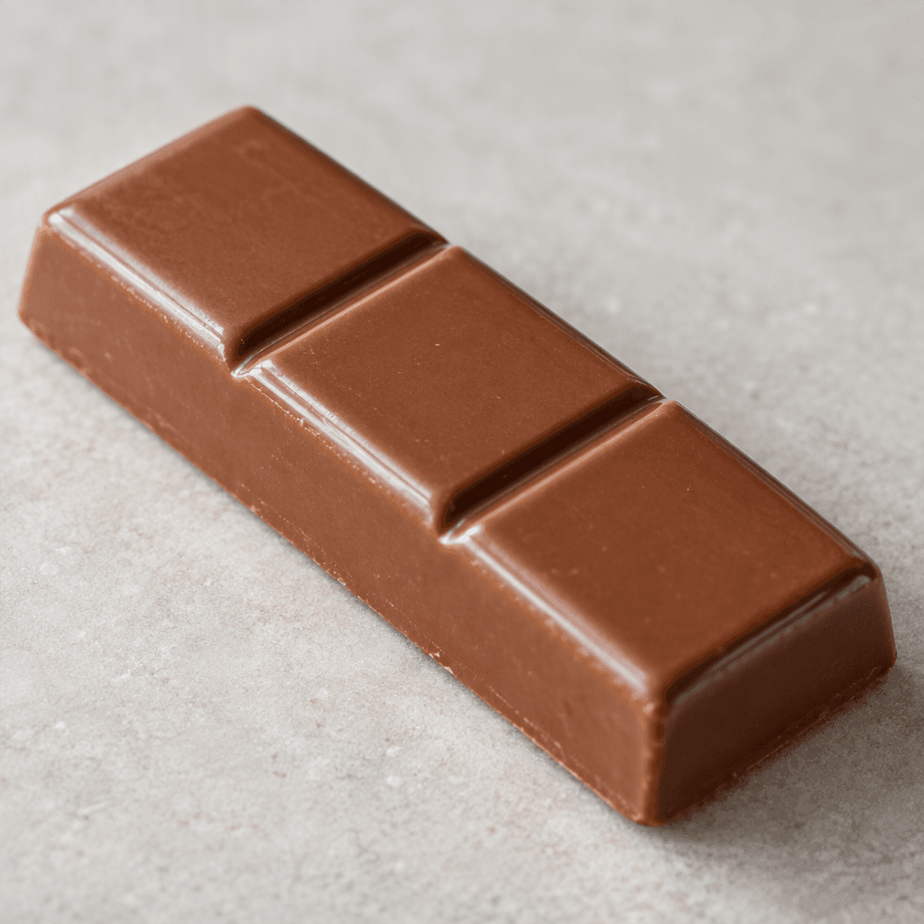 A slim, rectangular milk-chocolate bar with a smooth, glossy coating and shallow grooves dividing its top into three sections.