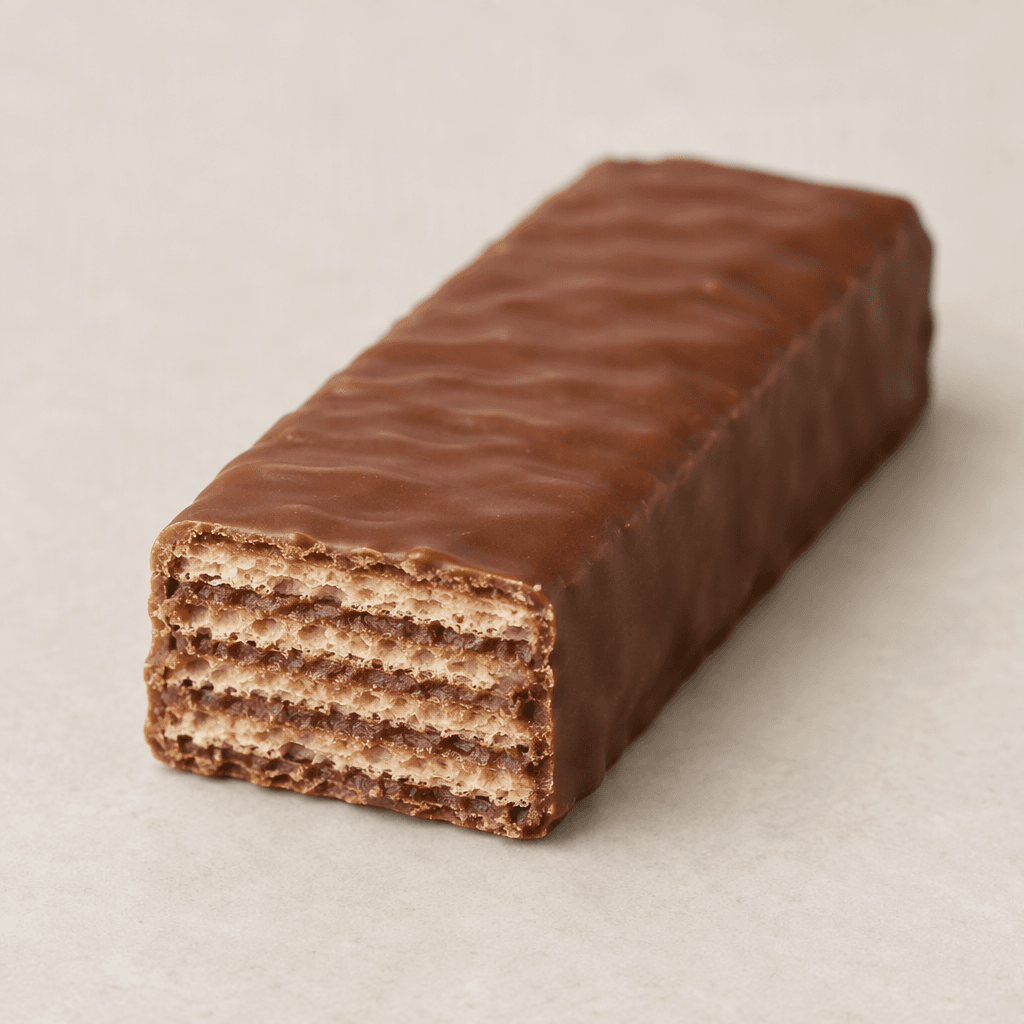 A rectangular wafer bar with a smooth brown chocolate coating and crisp, thin wafer layers visible at one end.
