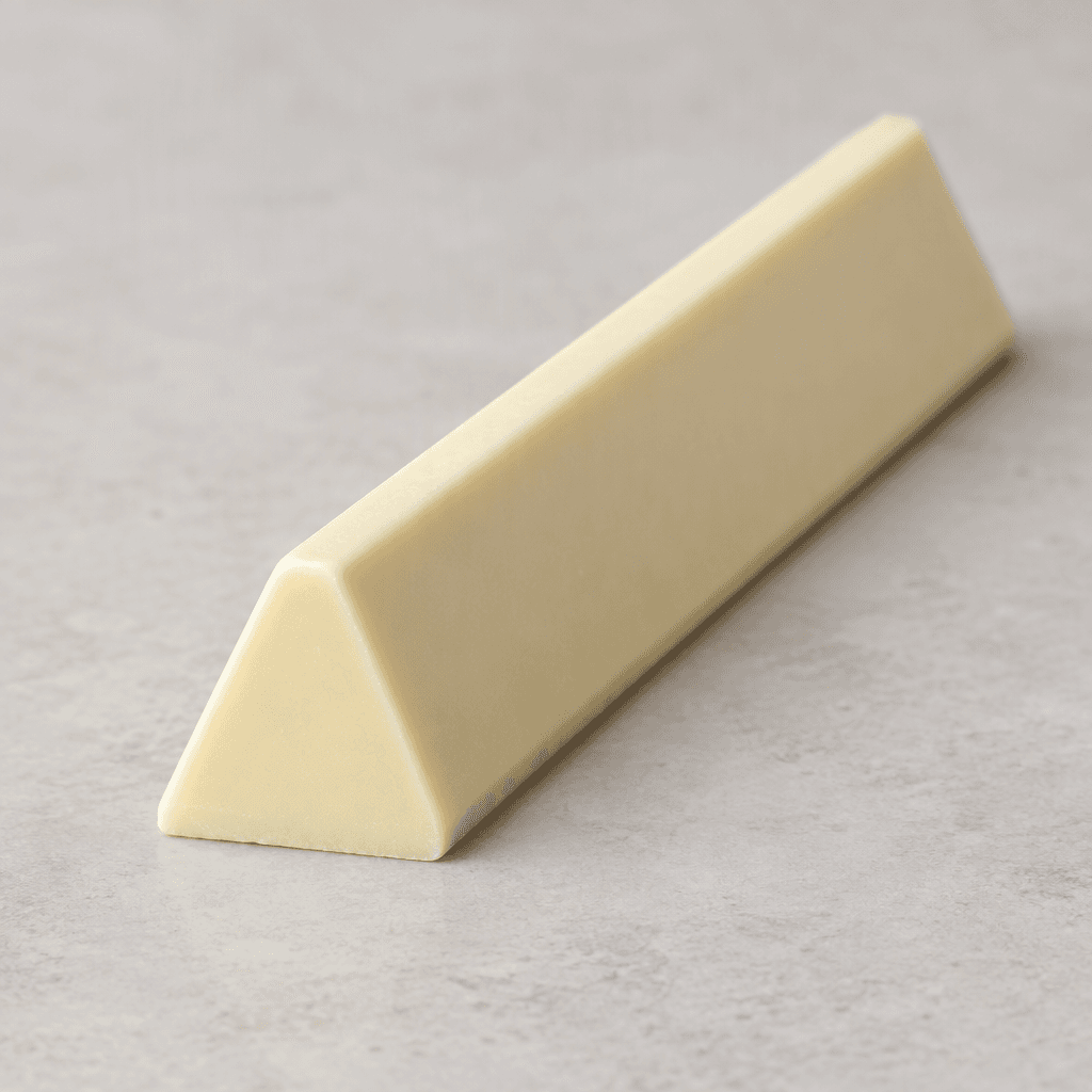 An elongated, pale ivory-white chocolate bar with a triangular cross-section, smooth molded sides, and crisp, sharply defined edges.
