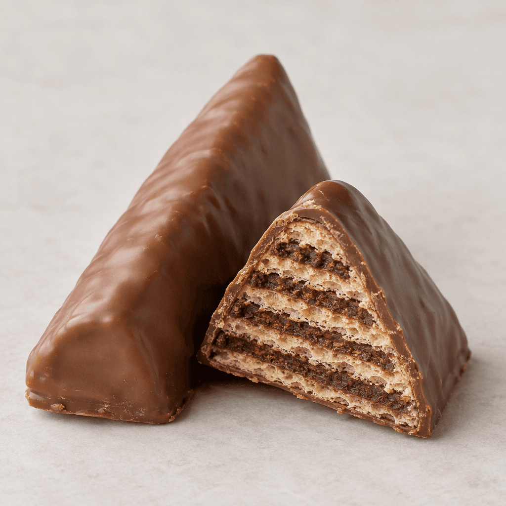 A triangular bar coated in smooth milk chocolate, with a cut piece showing thin crisp wafer layers and dark cocoa-colored filling inside.