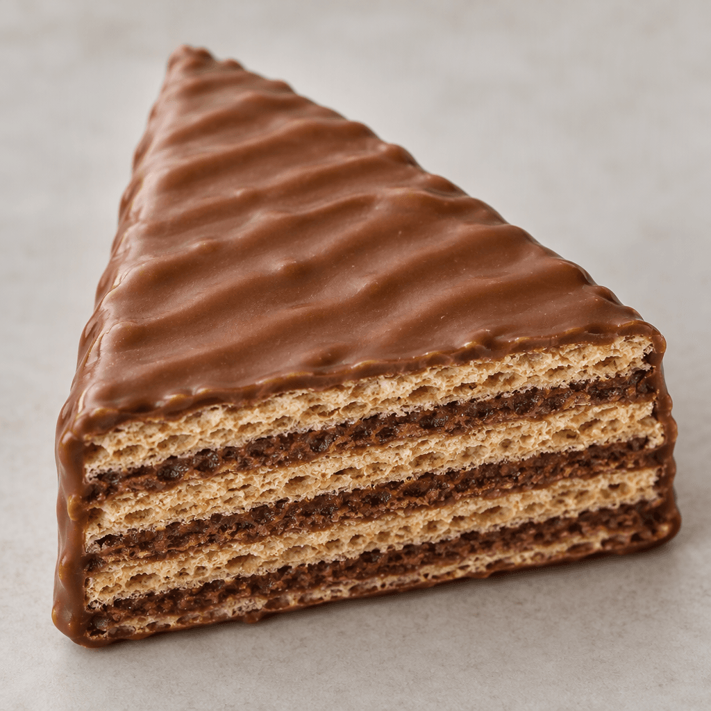 A triangular wafer with crisp, thin beige layers and dark cocoa-colored cream between them, coated in smooth milk chocolate with a slightly ridged surface.