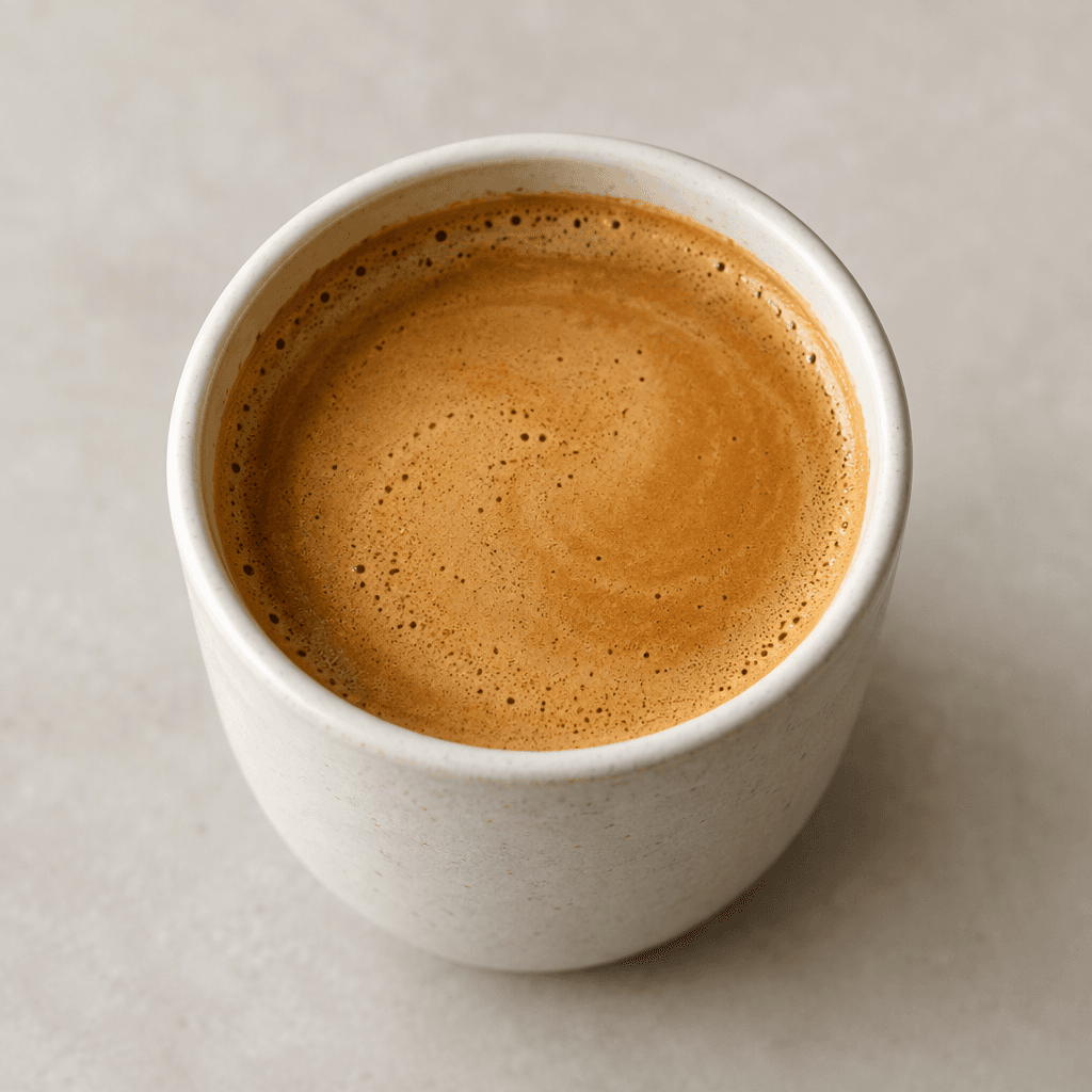 A cup of coffee with double espresso and almond milk, its smooth surface a warm light brown with a thin layer of crema.