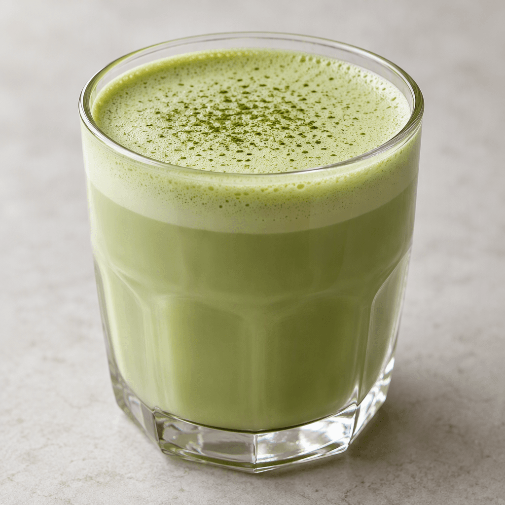 A pale green, creamy matcha latte with a smooth surface and a thin layer of fine foam, served in a clear glass.