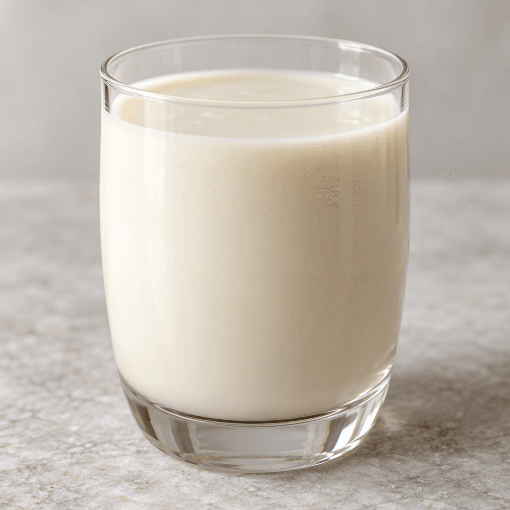 A pale ivory, opaque plant-based drink sits in a clear glass, with a smooth surface and a slight sheen.