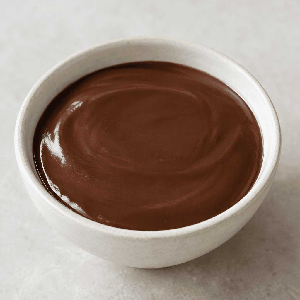A small serving of smooth, glossy dark-brown chocolate pudding sits in a bowl, with a level surface and soft, creamy-looking texture.