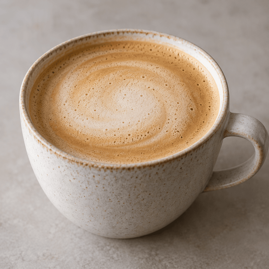 A cup of coffee with hazelnut milk, its surface a smooth, creamy light brown with a thin layer of pale foam.