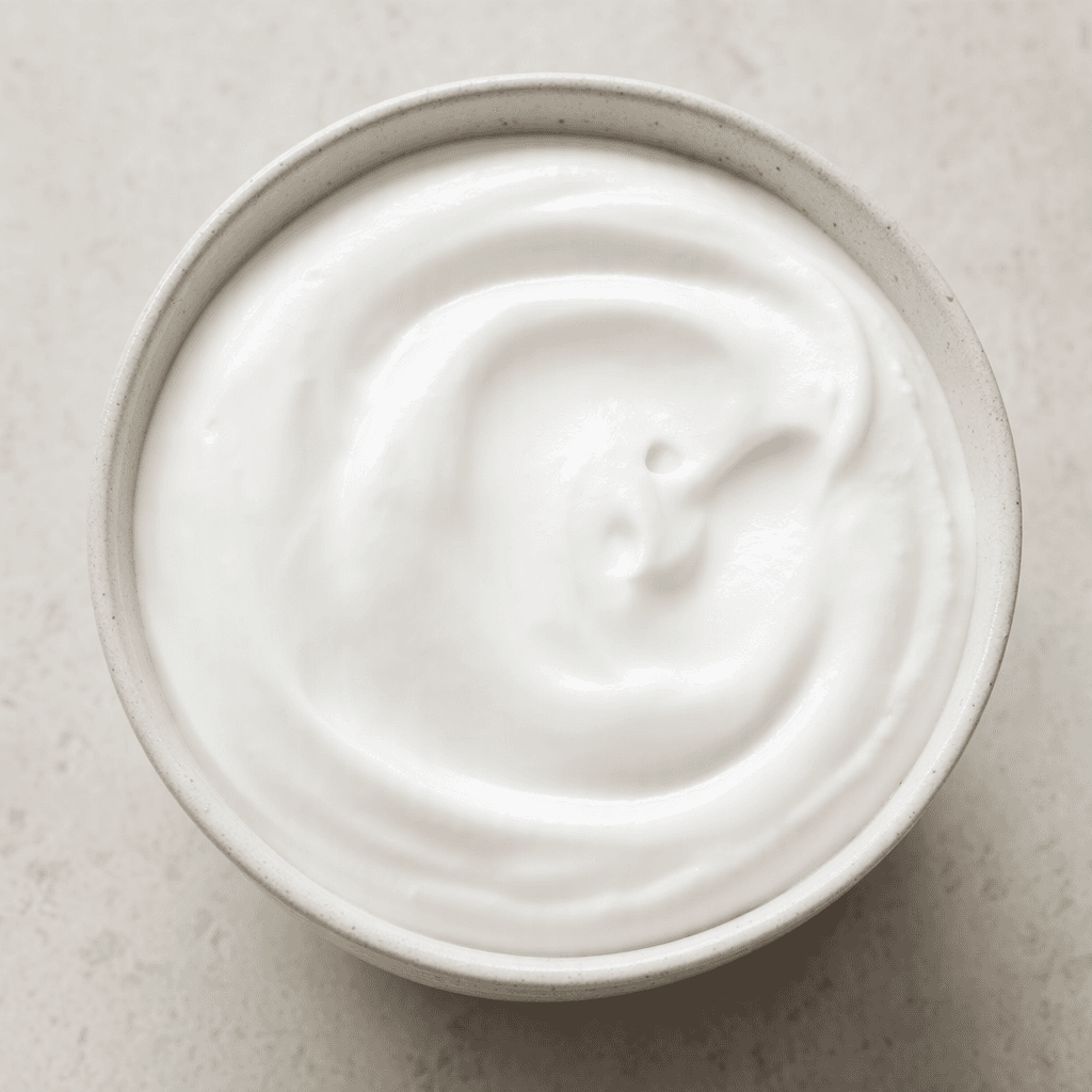 Thick, bright-white coconut yogurt sits in a small bowl with a smooth, creamy surface and no visible pieces or toppings.