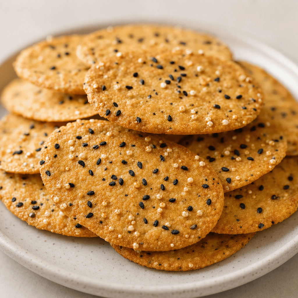Thin, golden-brown oval biscuits with a coarse, grain-flecked surface, dotted with black nigella seeds and pale quinoa grains, arranged in a small overlapping stack.