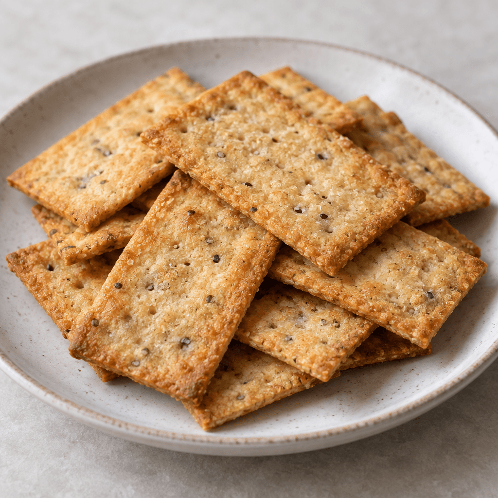 Thin, rectangular golden-brown crackers with a dry, lightly grainy surface and tiny darker flecks are stacked loosely on a plate.