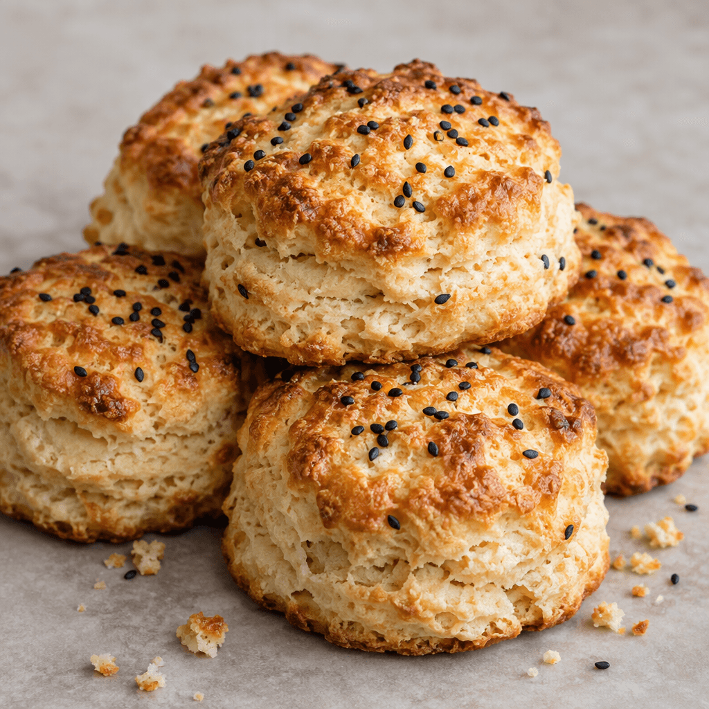 Golden-brown biscuits with lightly browned, uneven surfaces and scattered black seeds are arranged together, with a few crumbs nearby.