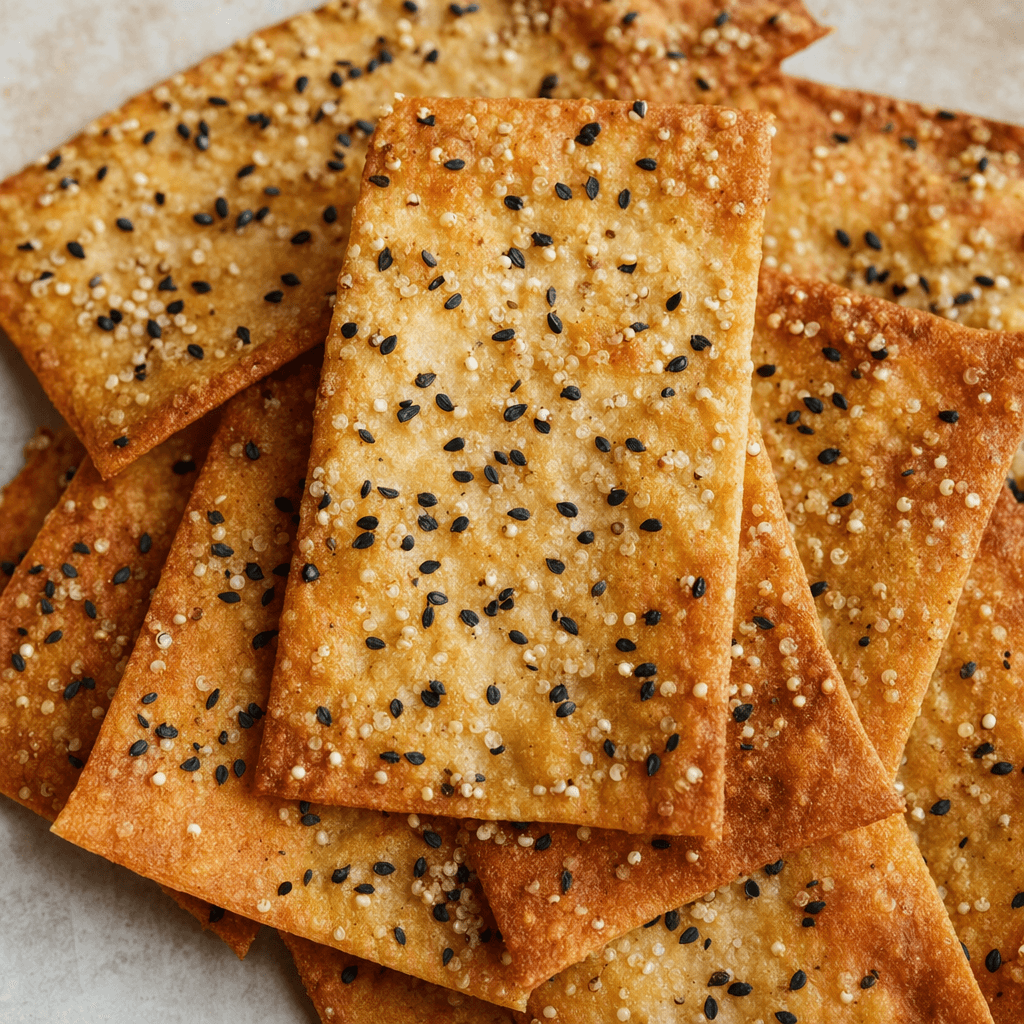 Üzerlerine siyah çörek otu serpilmiş, küçük kinoa taneleri görünen, yüzeyi hafif kabarcıklı ve kızarmış ince dikdörtgen krakerler üst üste dizilmiş.