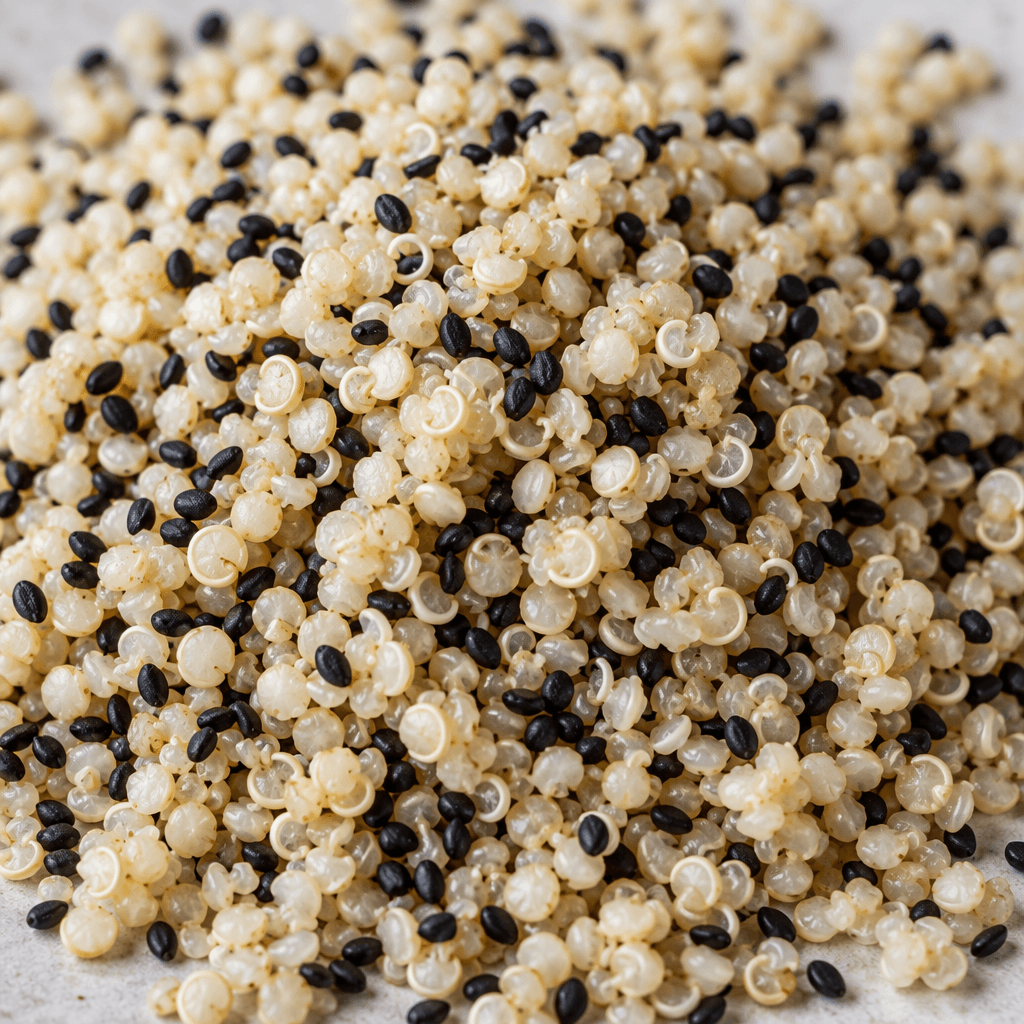 A loose mixture of tiny pale ivory quinoa grains, many showing their delicate curled edges, scattered with small matte-black seeds.