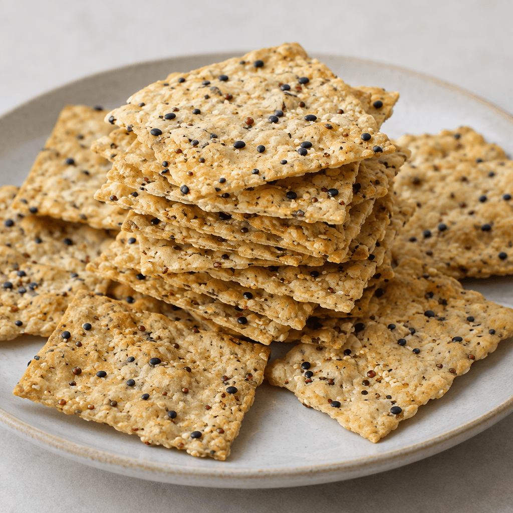 Thin, crisp, pale golden crackers with a slightly uneven surface, dotted with black seeds and tiny quinoa grains, are stacked and scattered on a plate.