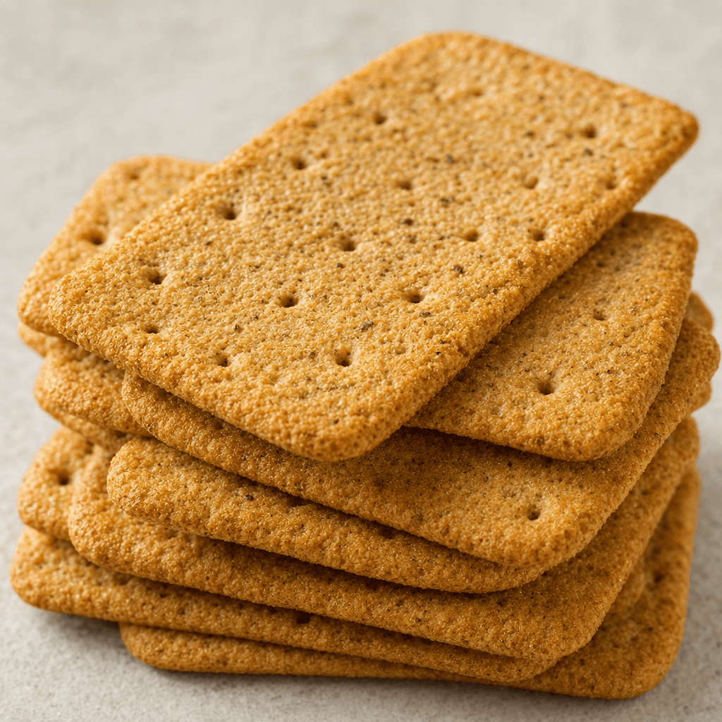 Several thin, rectangular golden-brown bran biscuits with softly rounded corners, a lightly rough surface speckled with darker bran, and small docking holes, stacked slightly overlapping.