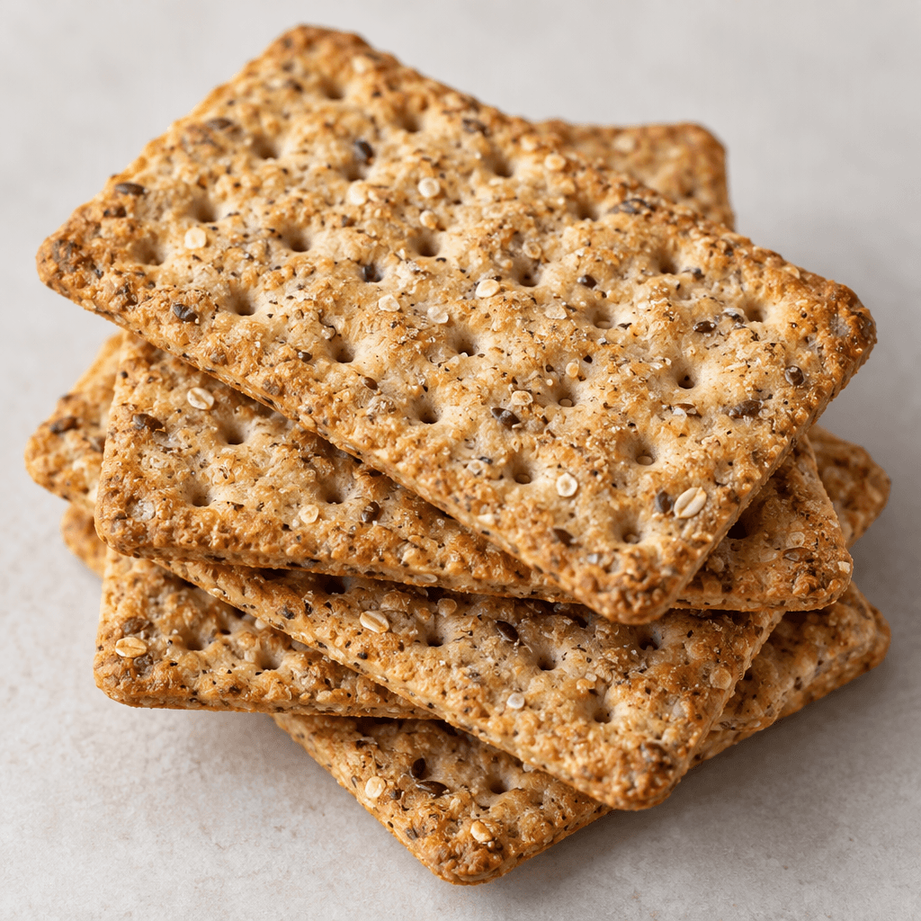 Several thin, rectangular crackers with softly rounded edges are stacked and slightly overlapping, their golden-brown surfaces dotted with small holes and fine grain flecks.