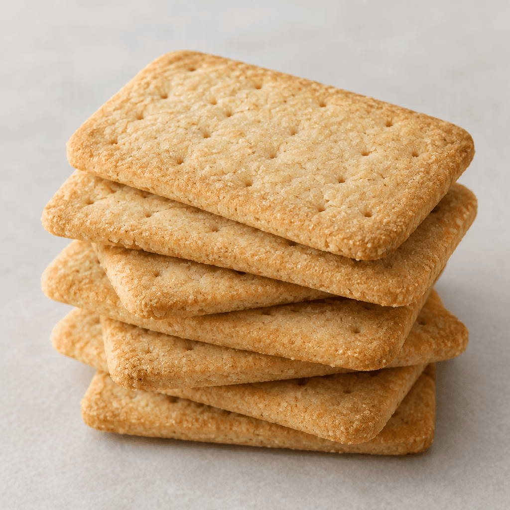 Thin, pale golden-brown rectangular biscuits with softly rounded corners, a lightly grainy surface and small pinholes, stacked slightly askew.