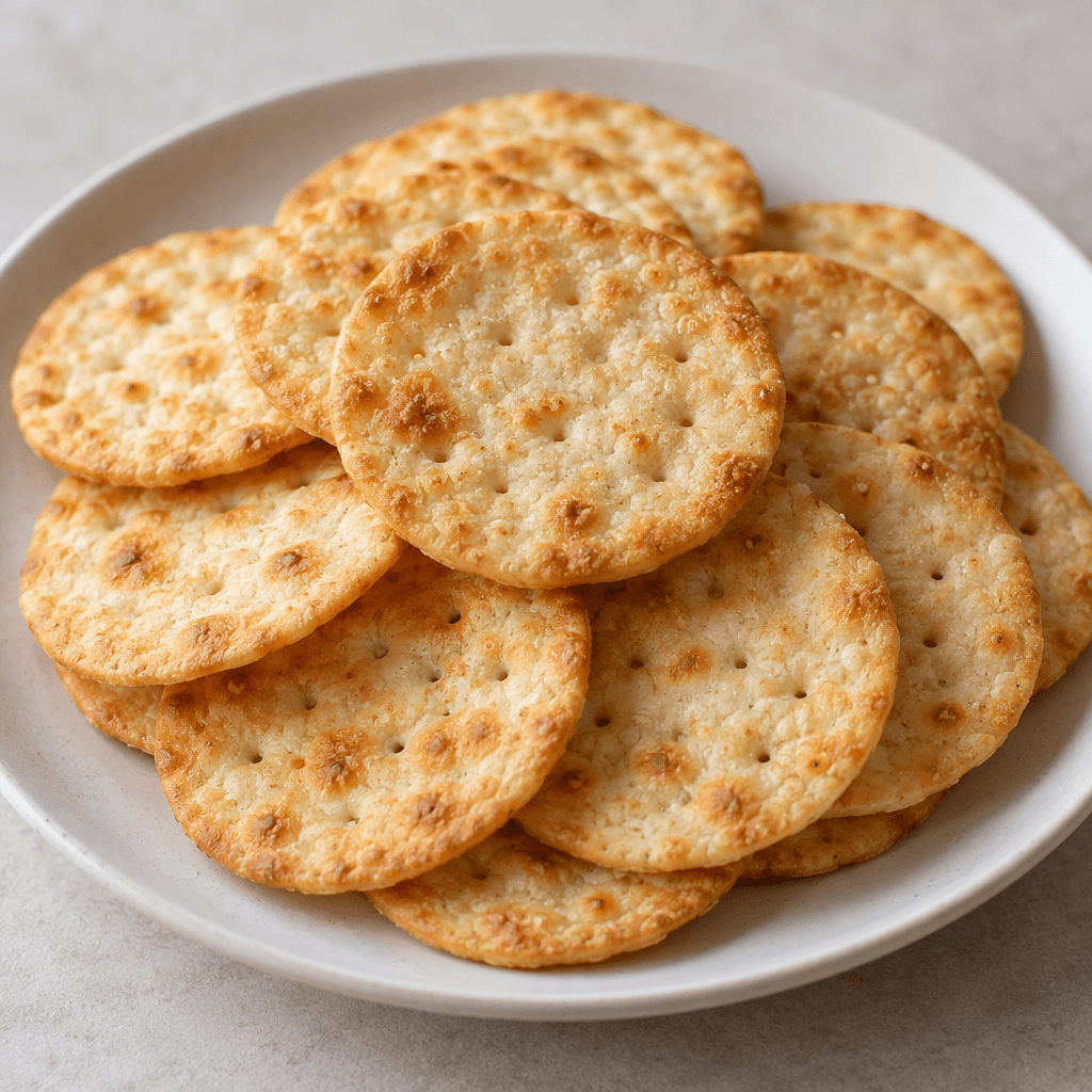 Thin, round, pale golden crackers with a dry, lightly blistered surface and tiny darker toasted spots, stacked loosely on a plain plate.