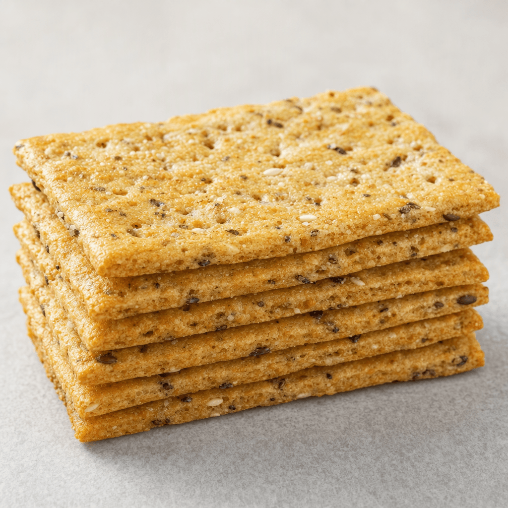 A small stack of thin, rectangular golden-brown grain crackers with a dry, lightly speckled surface and tiny perforations.