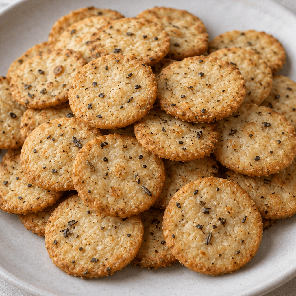 Small, thin, round golden-beige savory biscuits with lightly browned edges, a crisp-looking surface and scattered darker seasoning flecks.