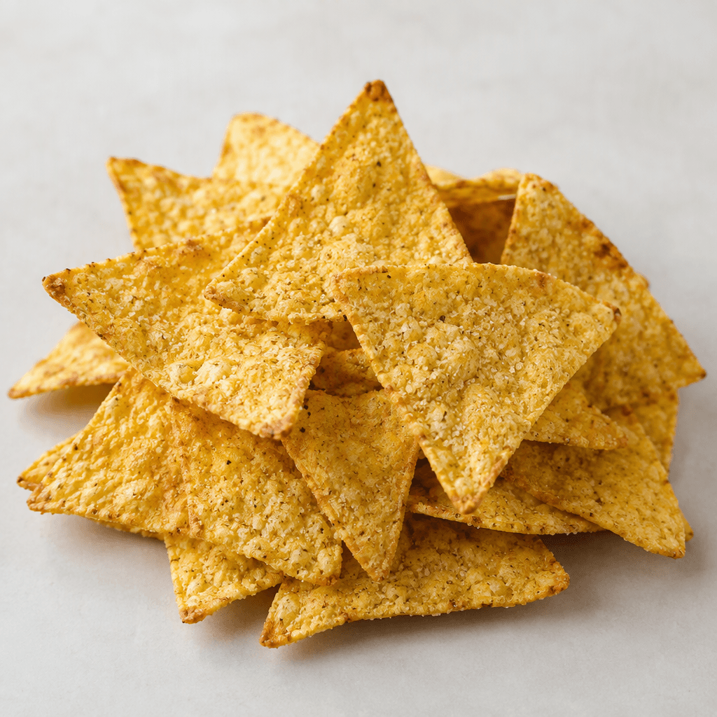 A small pile of thin, triangular corn chips, golden yellow with lightly browned edges and a coarse, bubbled surface.