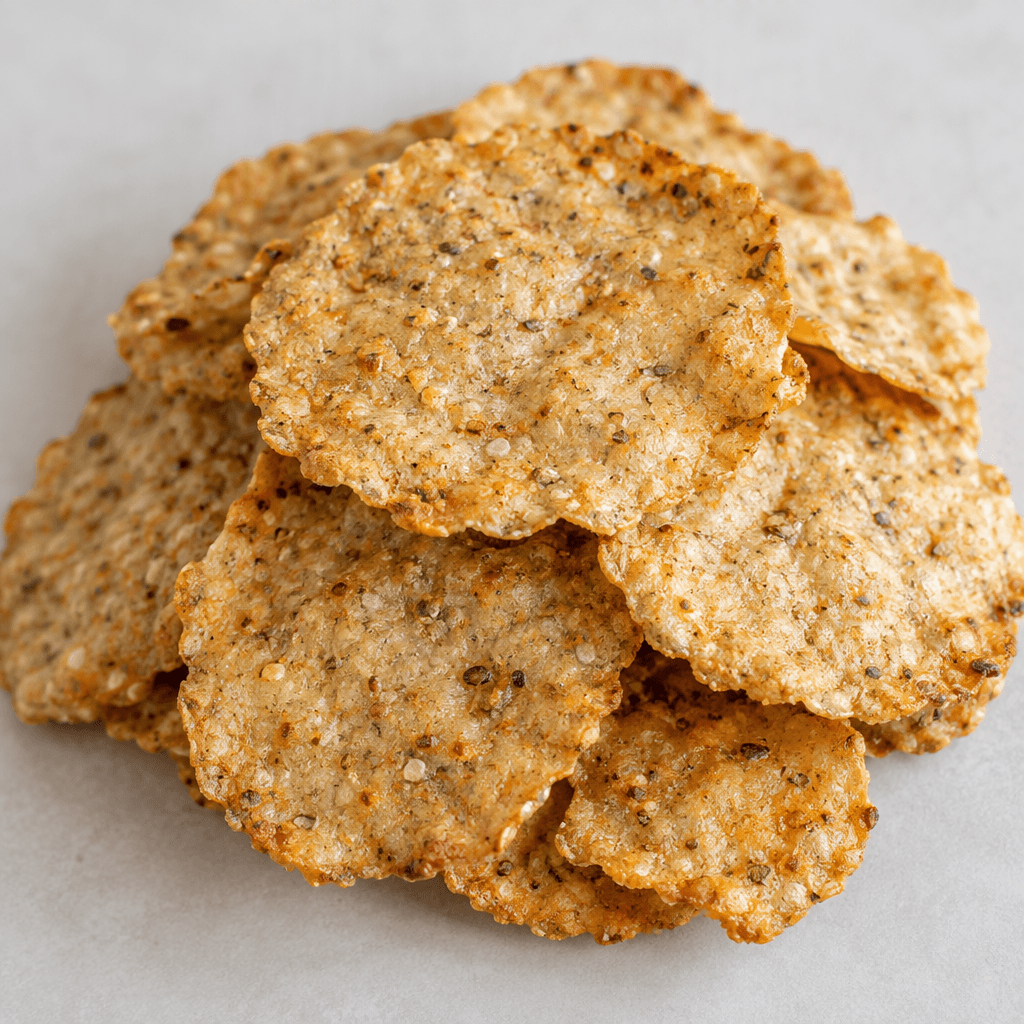 Thin, flat, golden-beige grain crisps with lightly browned edges and a rough, speckled surface are piled together.