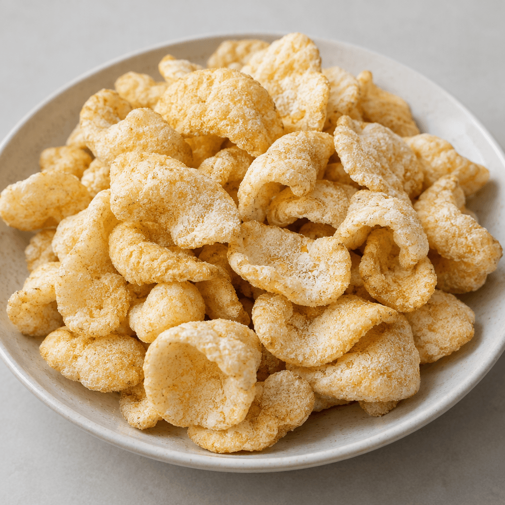 Small, irregularly curved grain crisps with a pale golden surface and a light, creamy-white seasoning dust are scattered on a plate.