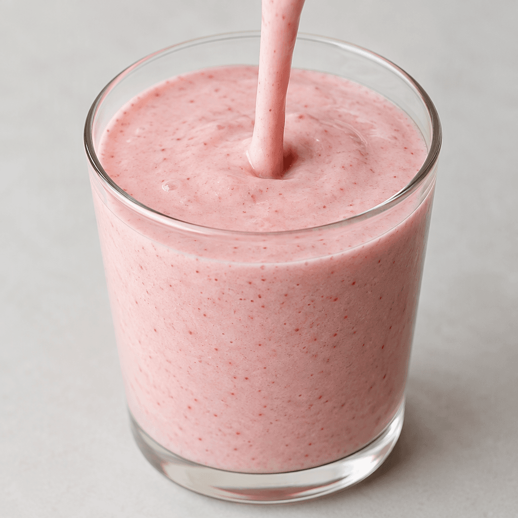 A pale pink, smooth, pourable strawberry kefir with a creamy, slightly thick appearance.