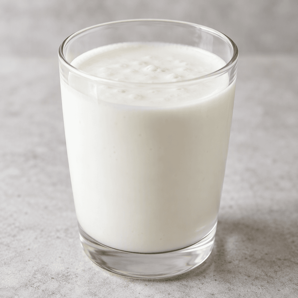 A smooth, opaque, creamy-white kefir with a pourable consistency, served in a clear glass.