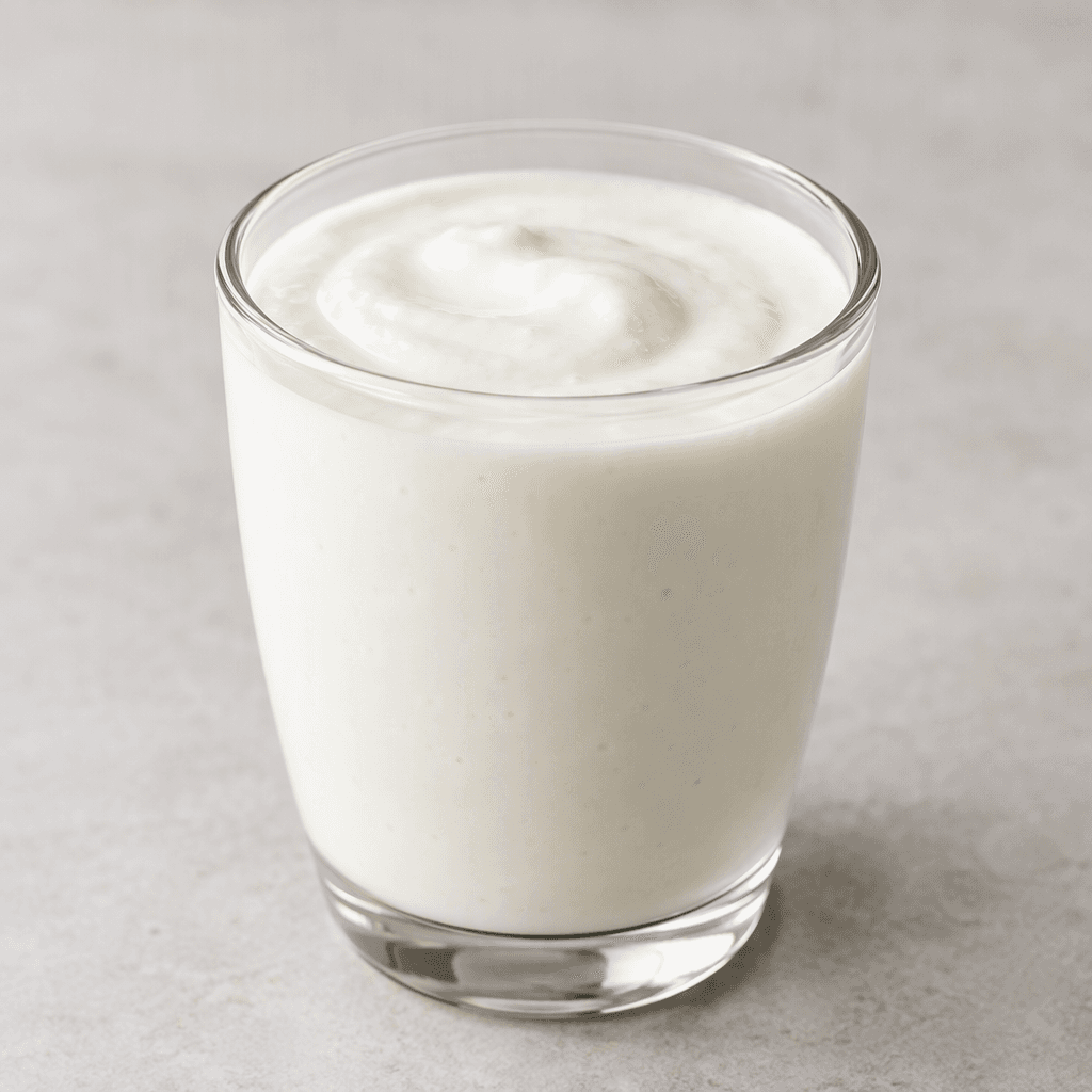 A smooth, pourable white cultured dairy drink with a slightly thick, creamy texture, served in a clear glass.