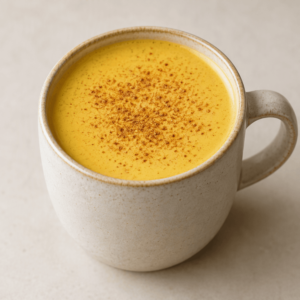 An opaque, creamy golden-yellow beverage fills a ceramic mug, with a smooth surface and a light dusting of cinnamon floating on top.