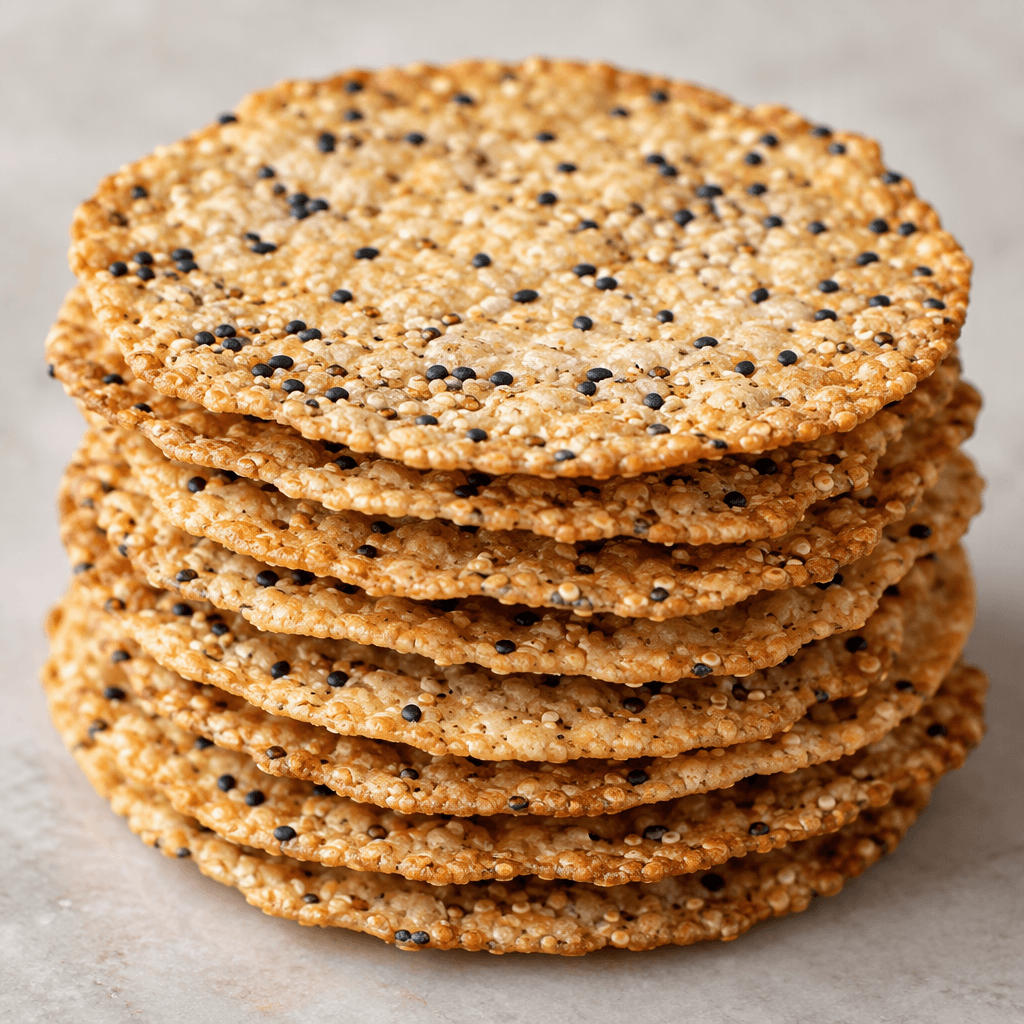 Thin, flat, crisp-looking light golden-brown crackers are dotted with tiny black seeds and pale quinoa grains.