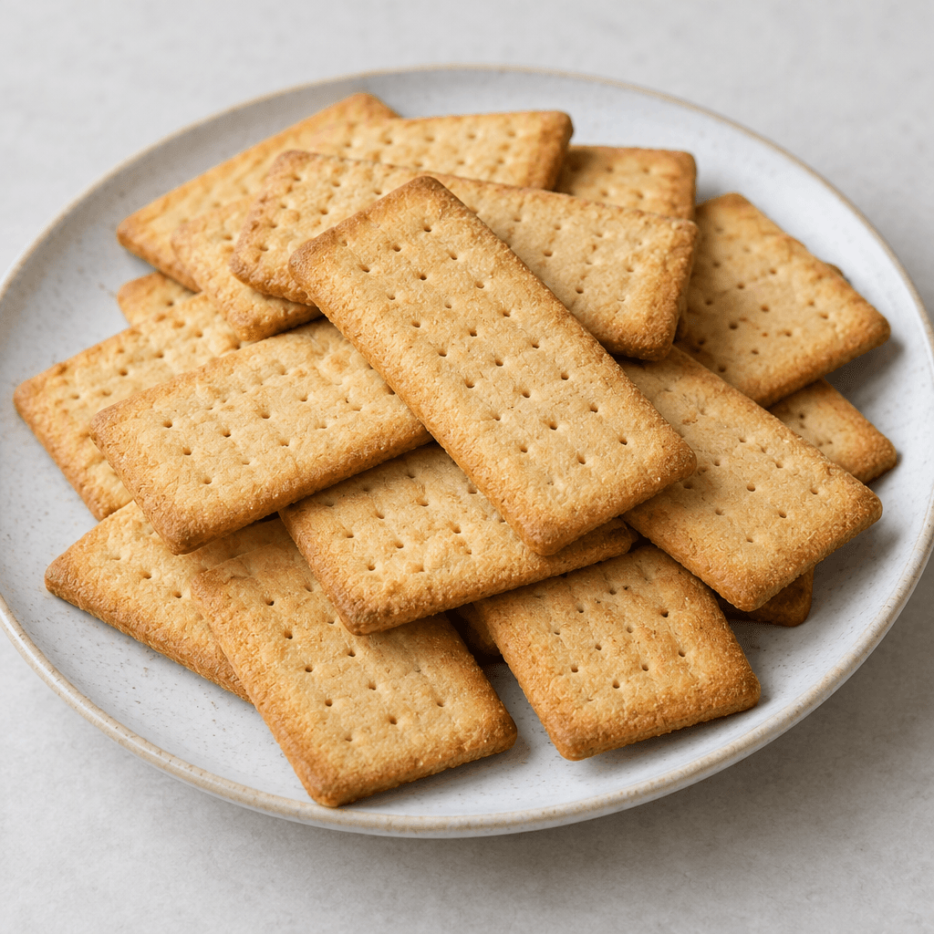 Thin, rectangular golden-tan biscuits with lightly browned edges, a dry matte surface and small perforations are stacked loosely on a plate.