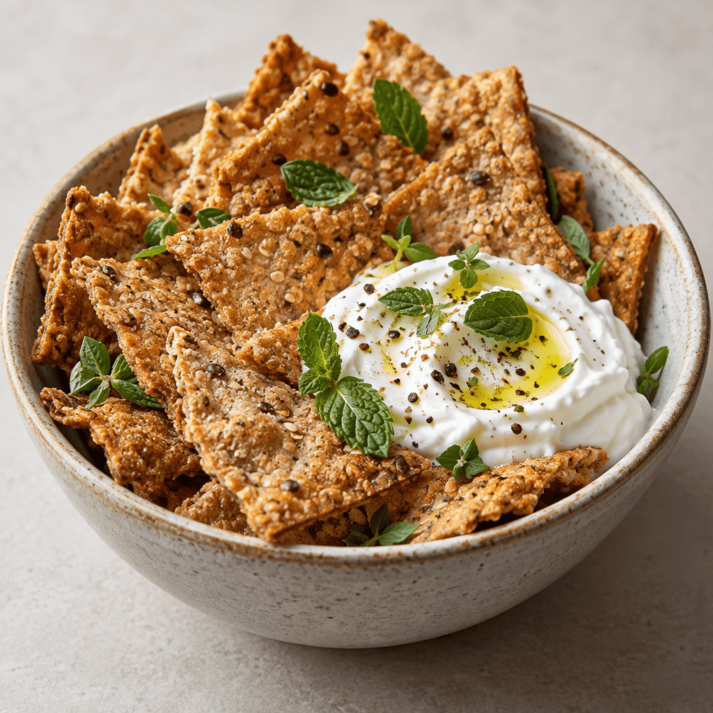 Golden-brown, irregularly shaped grain chips with a coarse, crisp-looking surface are served with thick white yogurt and scattered fresh green leaves.
