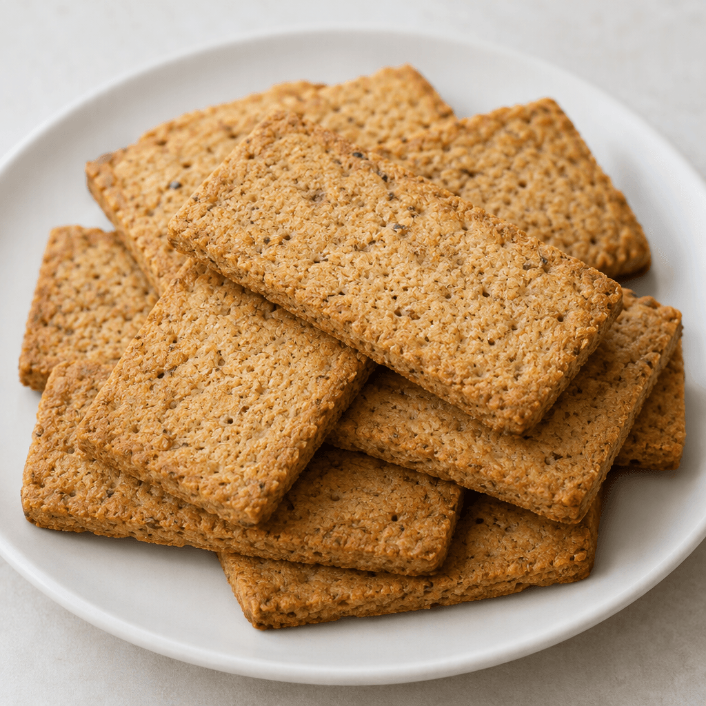 Thin rectangular golden-brown biscuits with a dry, lightly porous surface, small darker grain flecks, and slightly crisp-looking edges, stacked and overlapping on a plain plate.