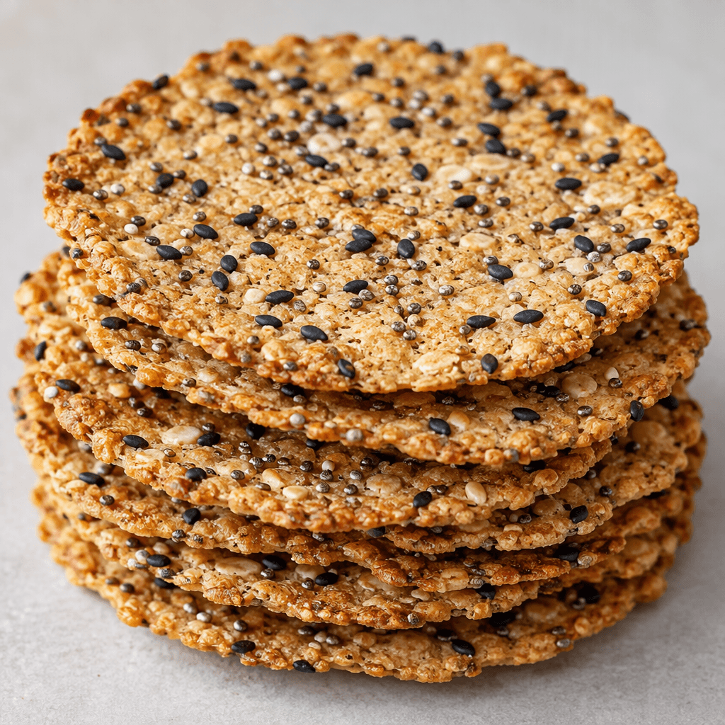 Thin, flat golden-brown crackers with a crisp, slightly rough surface, dotted with visible black seeds and small pale chia seeds.