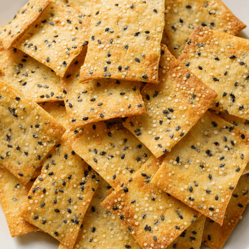 Thin, crisp, golden-tan crackers with lightly browned edges, dotted with black seeds and tiny pale quinoa grains.