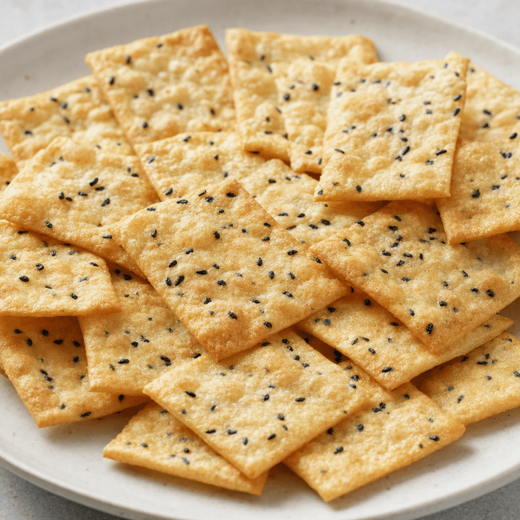 Thin, crisp, pale golden-brown rectangular crackers with a lightly bubbled, uneven surface and scattered black seeds.