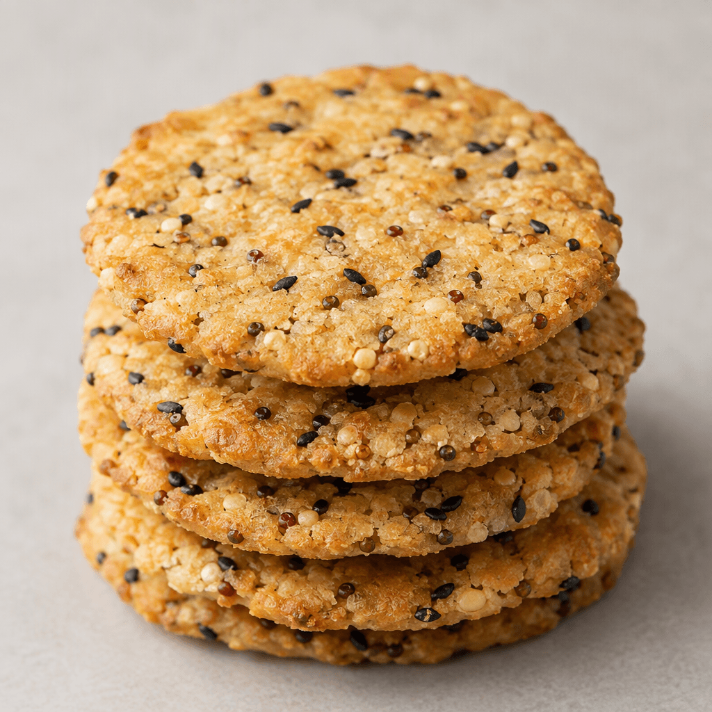 Small, flat golden biscuits with a lightly browned, crumbly surface, dotted with black seeds and tiny quinoa grains.