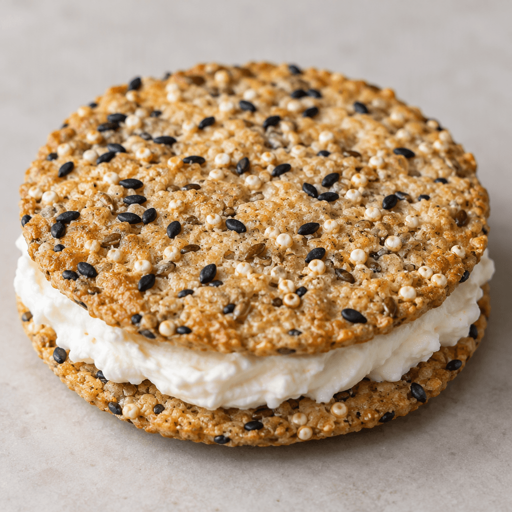 A pair of thin, golden-beige crackers with dark black-seed flecks and pale quinoa grains on their textured surfaces sandwich a visible layer of smooth white labneh.