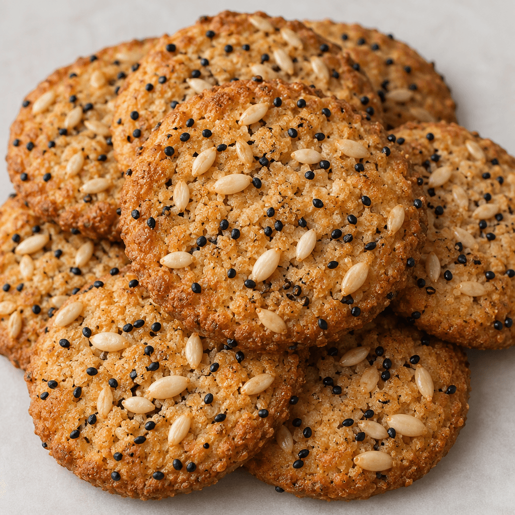 Flat, golden-brown biscuits with a lightly speckled, crisp-looking surface, scattered with pale melon seeds and tiny black nigella seeds.