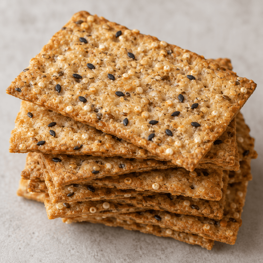 Thin, crisp golden-brown rectangular crackers with a lightly rough surface dotted with pale quinoa grains and small black seeds, arranged in a stack.