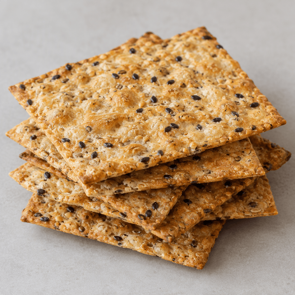 Thin, crisp, golden-brown rectangular crackers with a lightly bubbled surface and scattered dark seeds, arranged in a small overlapping stack.
