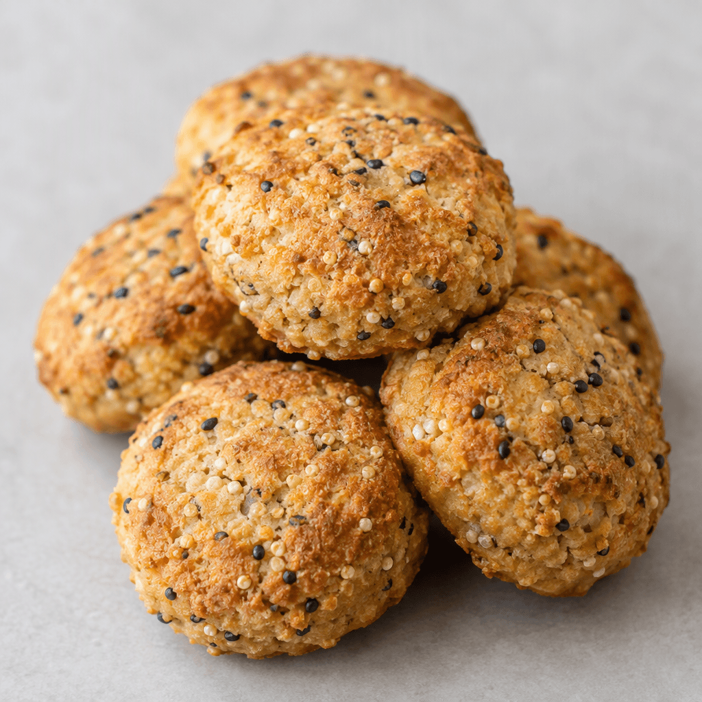 Small, golden-brown biscuits with a lightly textured surface, dotted with pale quinoa grains and tiny black seeds.