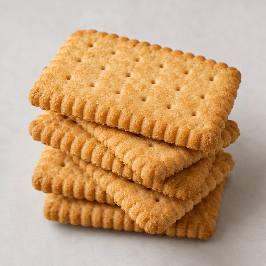 Thin, rectangular light golden-brown biscuits with gently rounded, ridged edges, a crisp crumbly surface, and small perforations, arranged in a slightly overlapping stack.