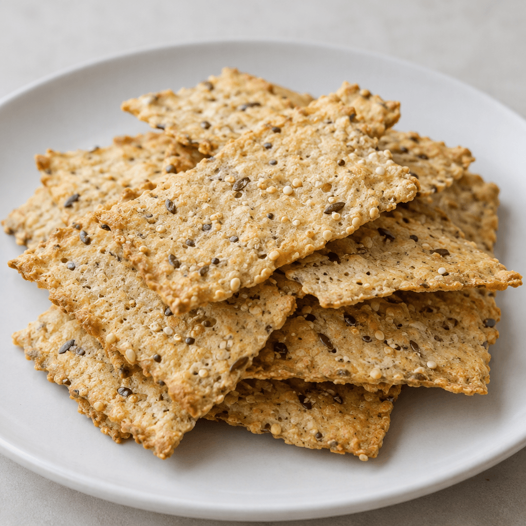 Thin, lightly golden rectangular crackers with crisp, uneven edges and a dry, porous surface dotted with tiny quinoa grains and seeds, stacked loosely on a plain plate.