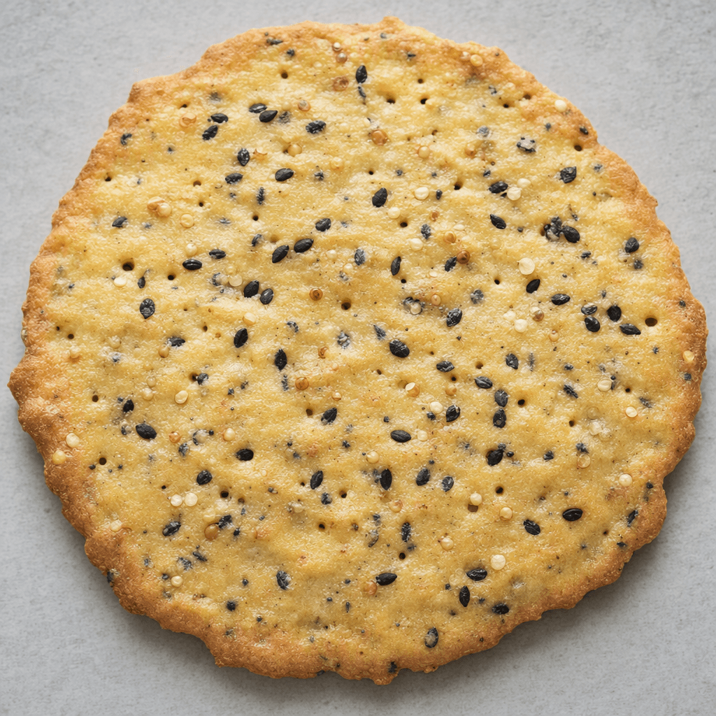 Thin, flat, golden-beige crackers with lightly browned edges, a crisp-looking surface, small perforations, and scattered dark black cumin seeds and tiny quinoa grains.